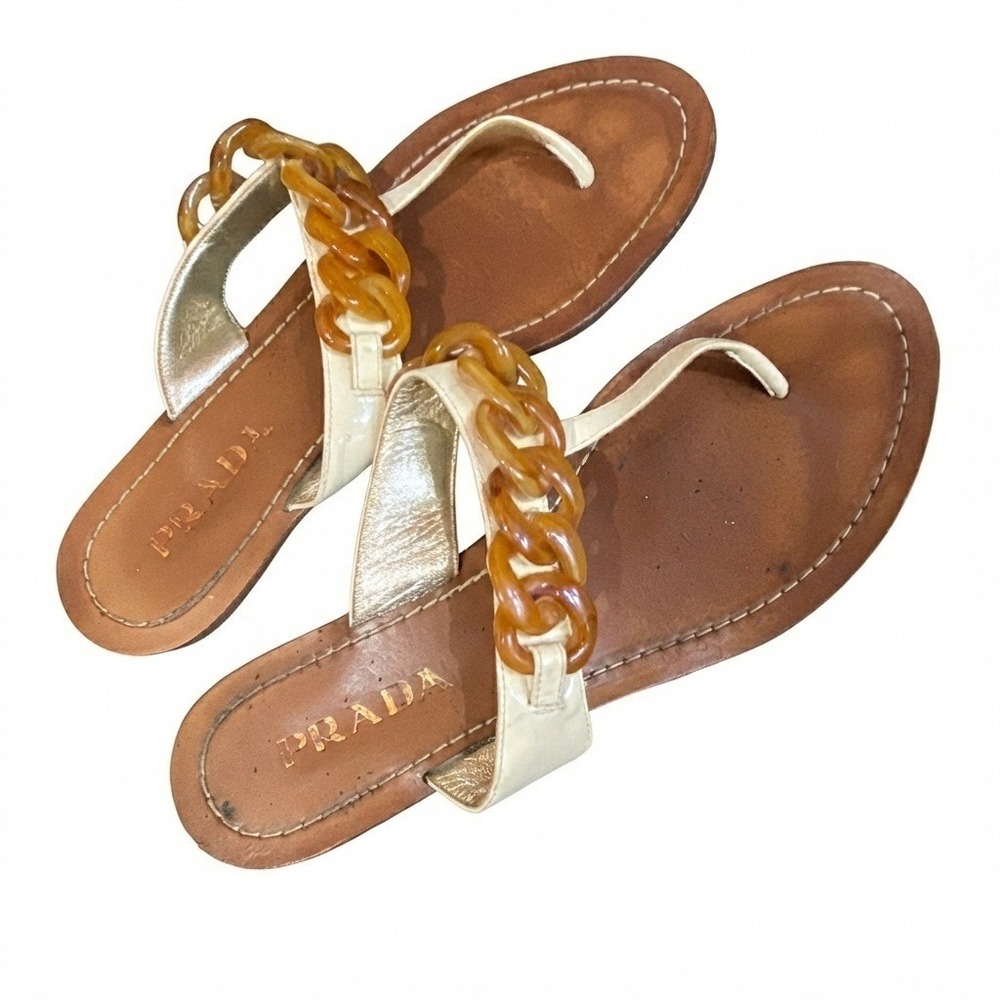 vintage 90s Prada tortoise Chain Link sandals Thong Leather Cream Amber 38.5
